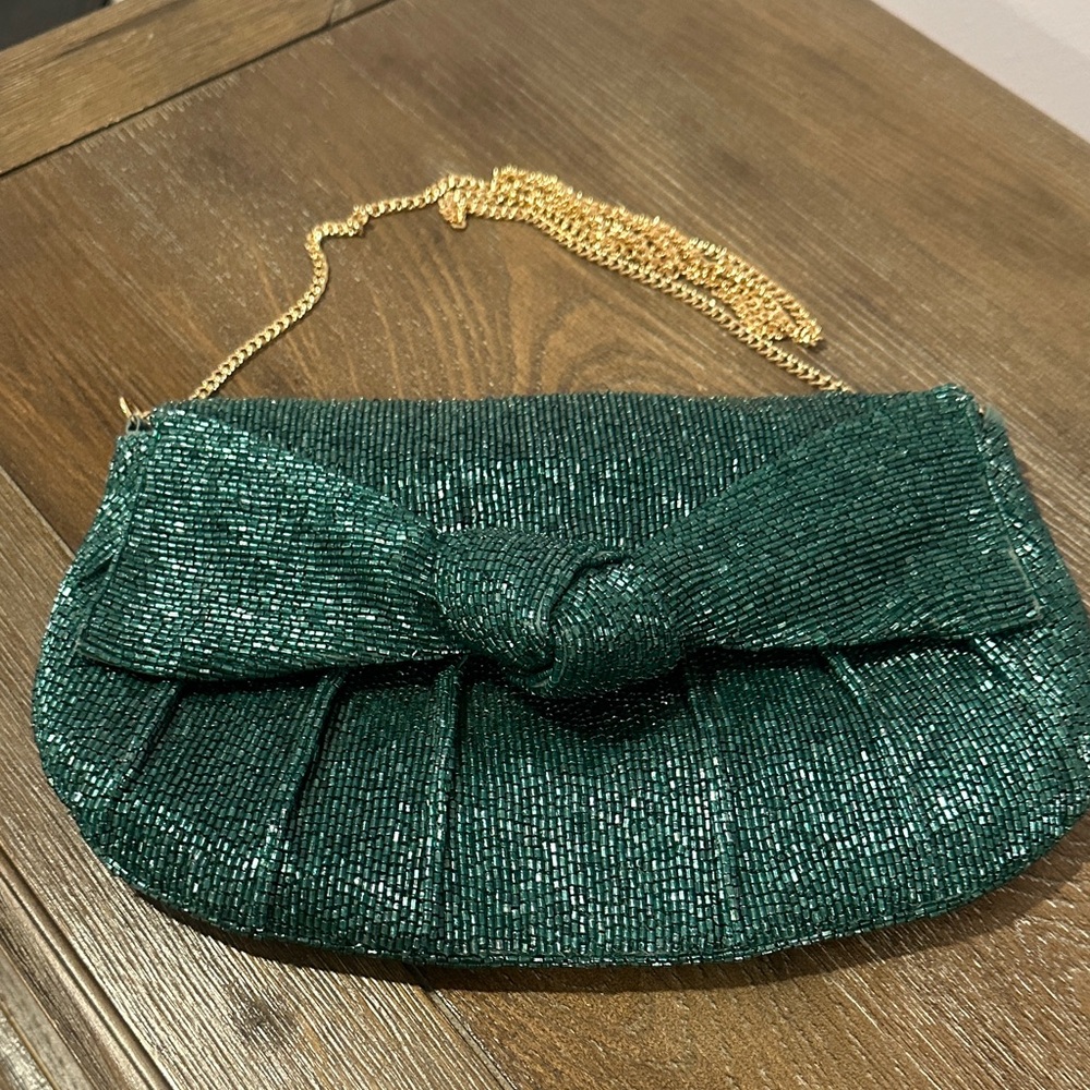 Maeve Green Beaded Clutch with Gold Chain